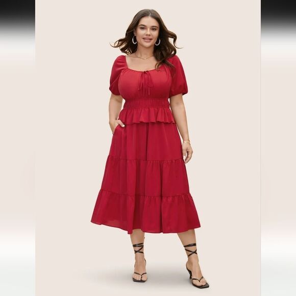 Heart Neckline Bowknot Ruffle Trim Midi Dress Sz 26 /4x - Picture 1 of 12